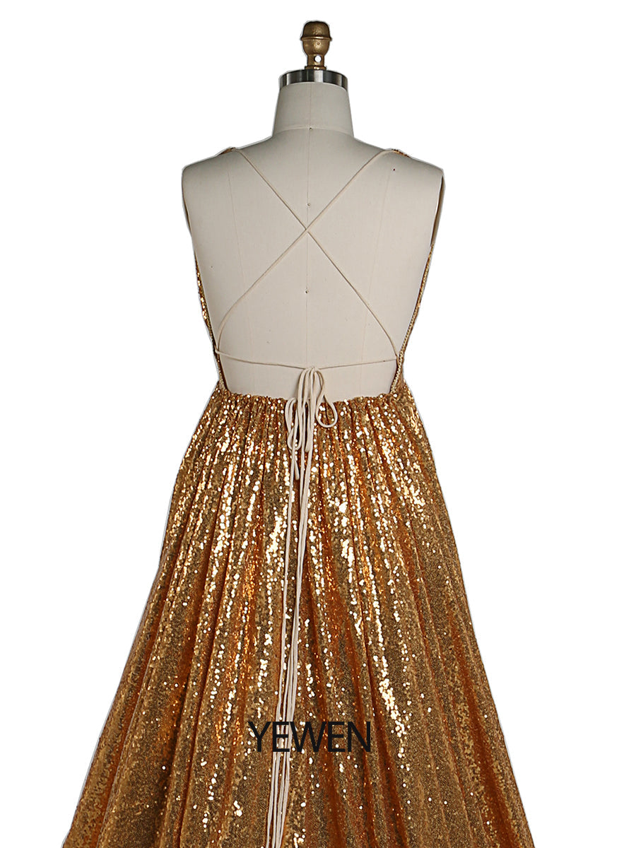 Gold Pailletten Elastische Taille Abendkleider Foto-Shooting Fotografie Kleid YW220401-1 