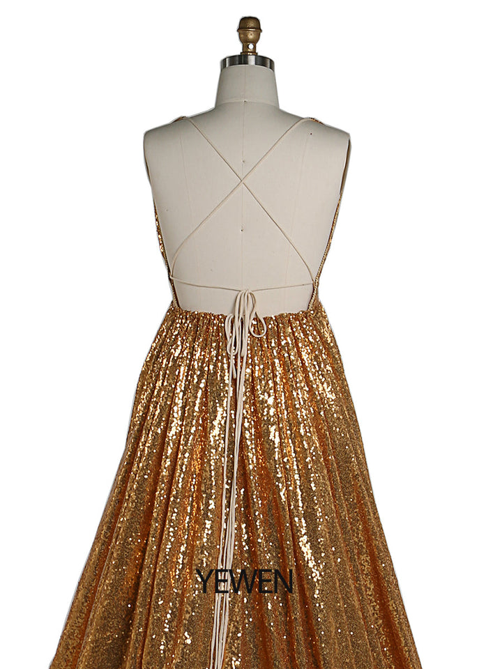 Gold Pailletten Elastische Taille Abendkleider Foto-Shooting Fotografie Kleid YW220401-1 