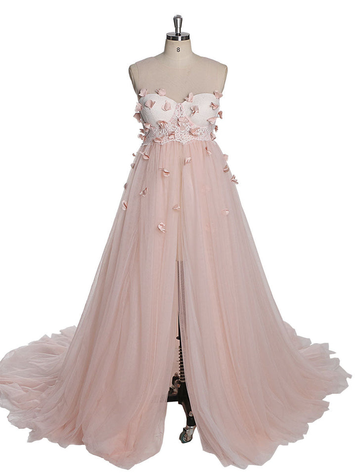 Rosa Blumenkleid aus weichem Tüll für Fotoshootings, Rundhalsausschnitt, rückenfreies Maxikleid aus Tüll, YW230330 