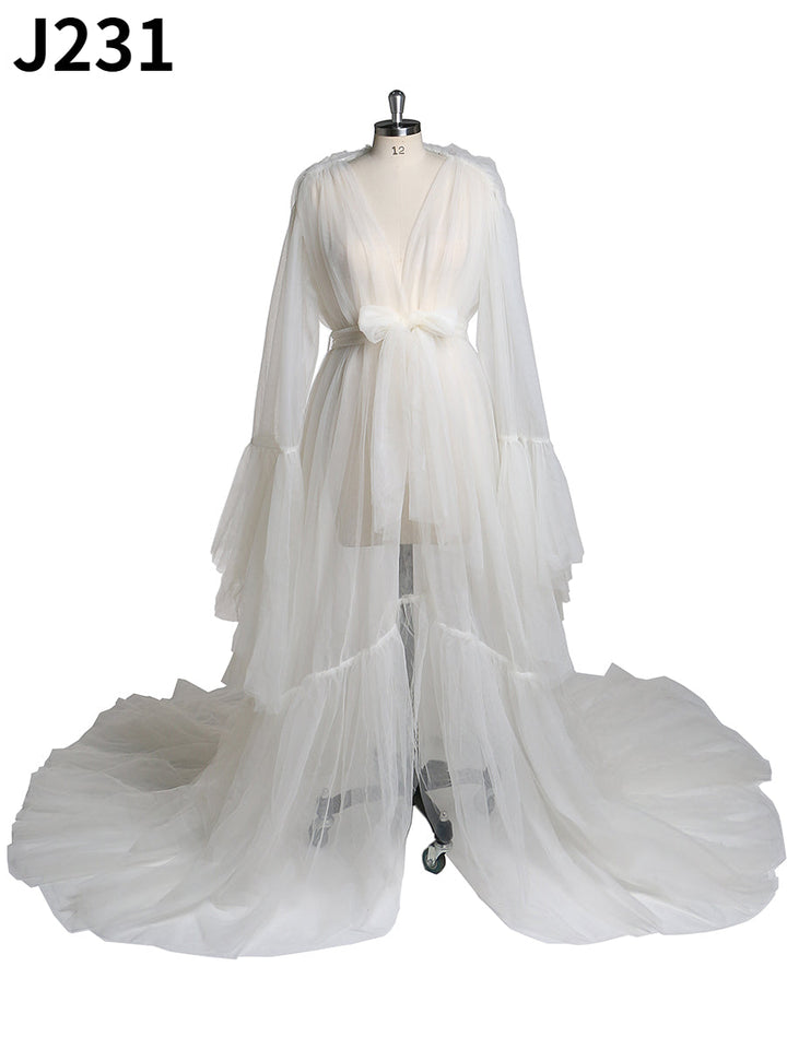 Elegantes V-Ausschnitt Umstands-Fotoshooting-Kleid Glockenärmel Sexy Maxikleid YW2055 