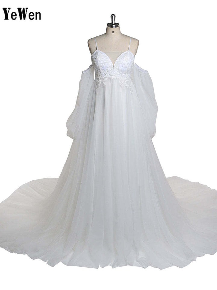 Boho-Stil V-Ausschnitt Tüll Umstandsbrautkleid Spitzenbrautkleid mit langer Schleppe YEWEN