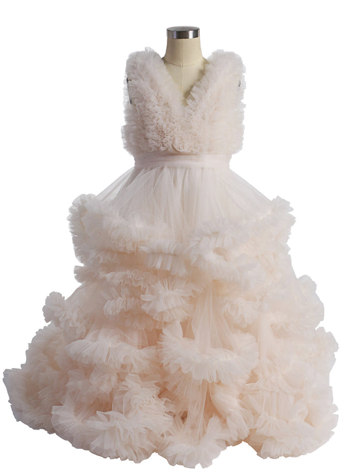 Weiche Tüllrüschen V-Ausschnitt Erstkommunionkleider für Mädchen Blumenmädchenkleider Prinzessin Partykleid Fotoshootingkleid YW220920 