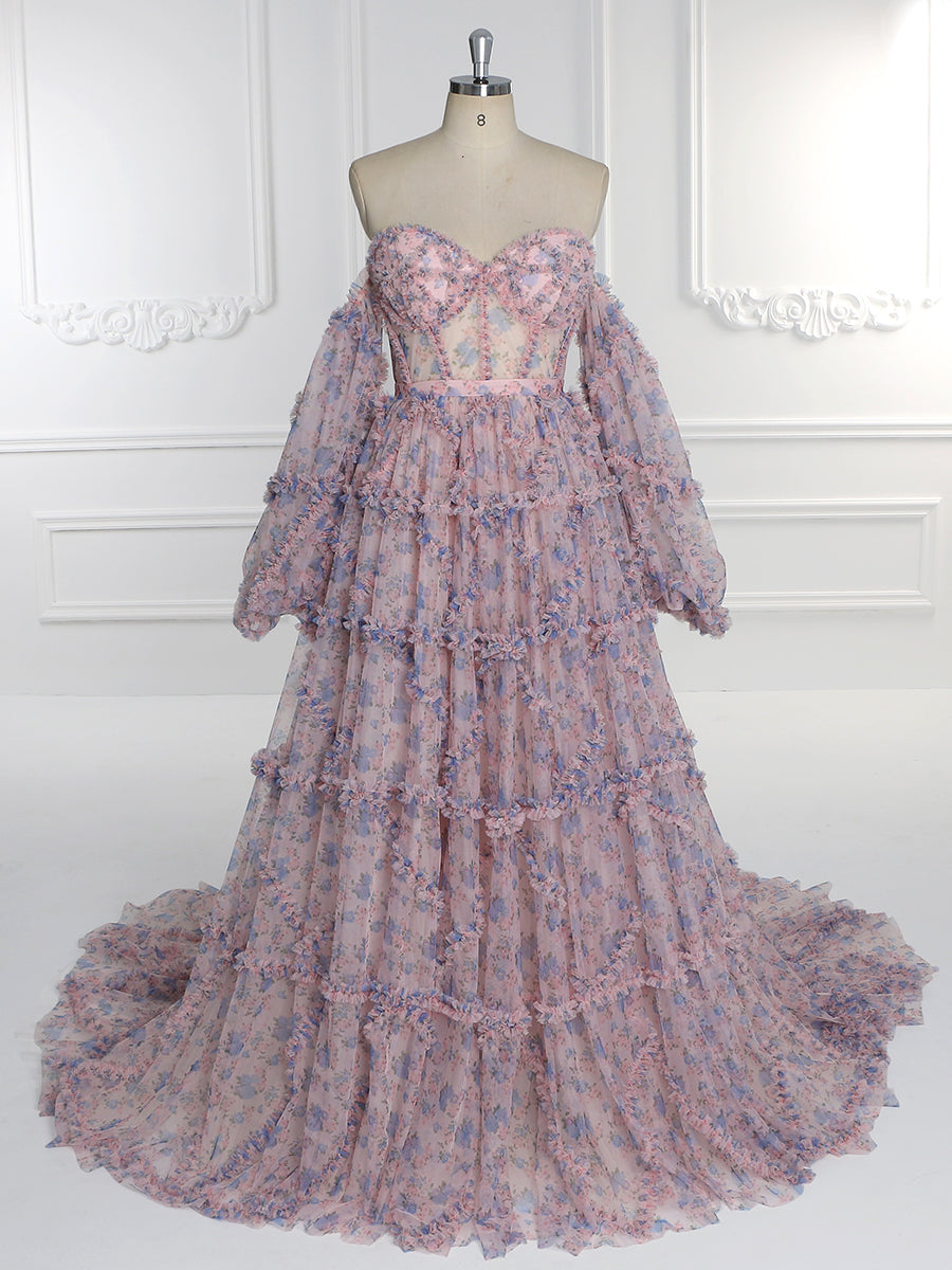 Elegant Floral Tulle Maxi Dress with Sleeves , Woman Photoshoot Dress