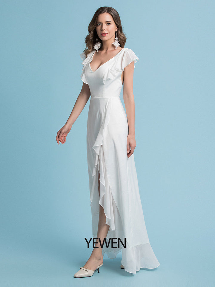 Etui-Linie/Säule Chiffon Ärmel V-Ausschnitt Brautkleid Bodenlang 