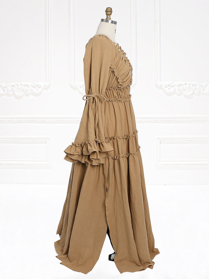 Lange Ärmel V-Rücken Elastische Taille Frau Boho Maxikleid Fotoshooting Kleider Outfit YW231112 
