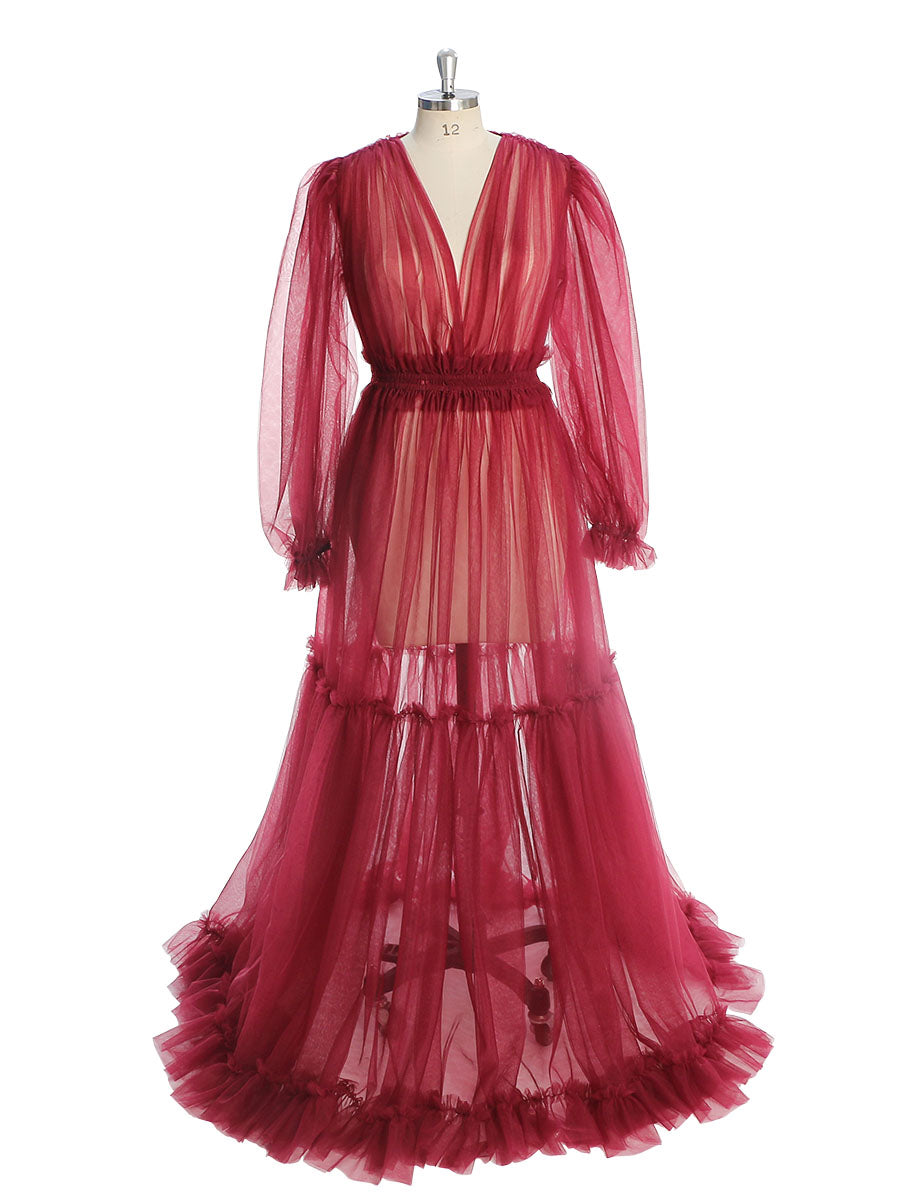 Durchsichtiges, langärmeliges Kleid aus weichem Tüll für Damen, Maxi-Kleid für Fotoshootings, YW231005 