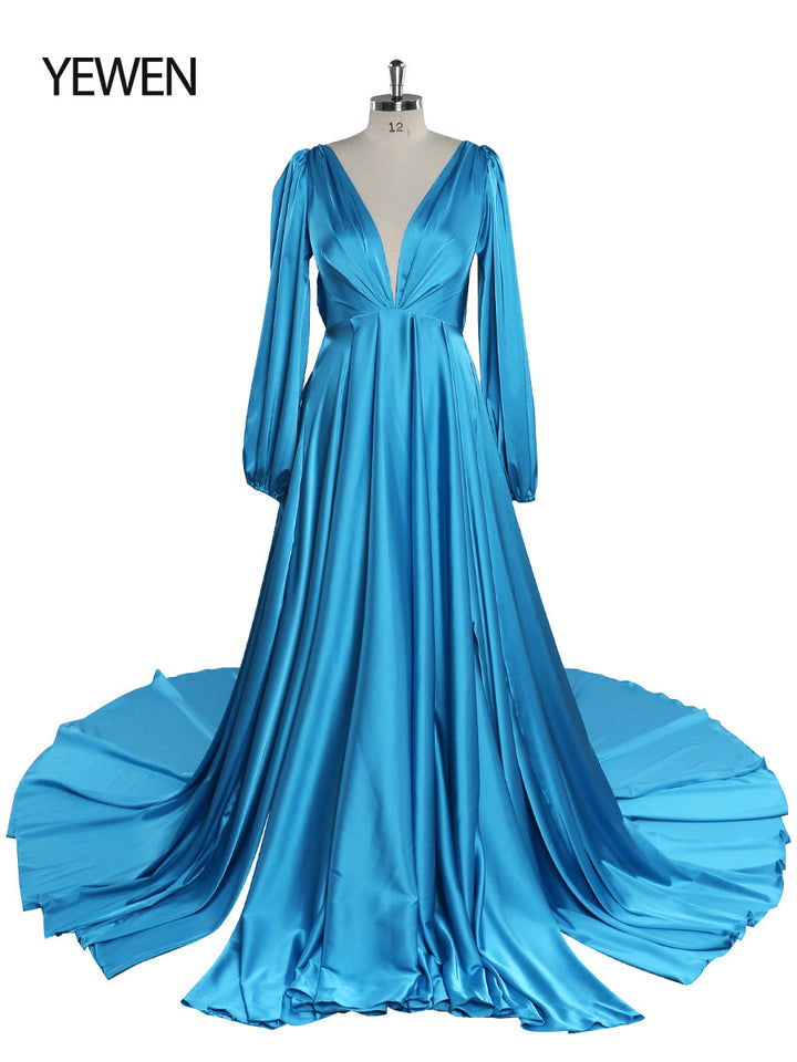 Leichtes Seidensatin-Ballkleid, Bohemian-Hochzeitspartykleid mit Schlitz, Fotografie-Kleid, Maxi-Damenkleid, YEWEN YD22407 