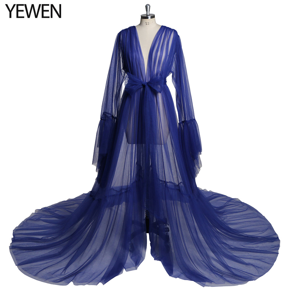 Elegantes V-Ausschnitt Umstands-Fotoshooting-Kleid Glockenärmel Sexy Maxikleid YW2055 