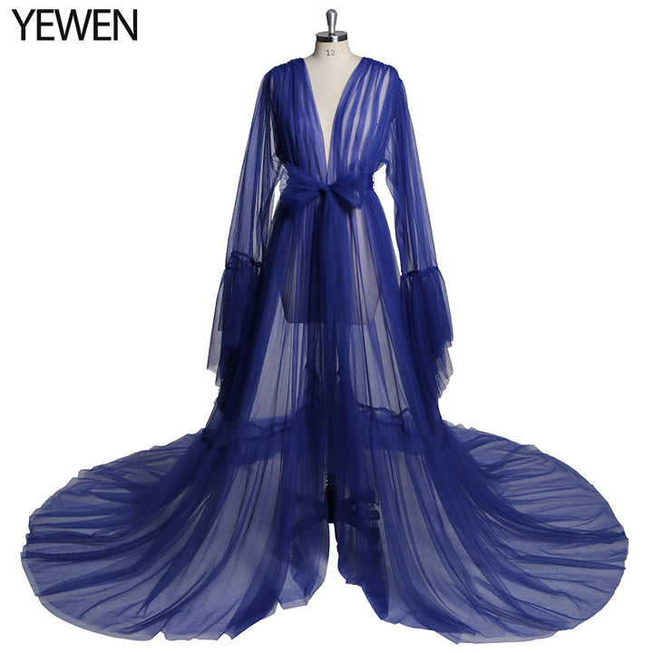 Elegantes V-Ausschnitt Umstands-Fotoshooting-Kleid Glockenärmel Sexy Maxikleid YW2055 