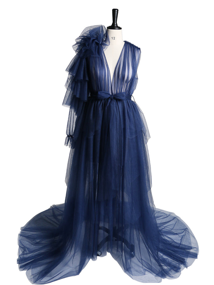 Maxi-Ballkleid mit V-Ausschnitt, Blumenmuster, eine Schulter, Umstandskleid für Babyparty 