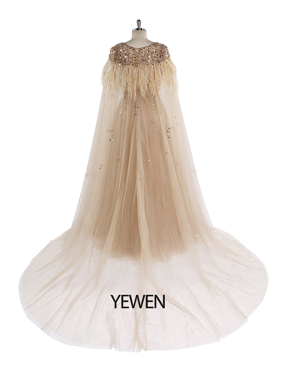 V-Ausschnitt Formelles Abendkleid Abnehmbarer Umhang Ärmellos Bodenlang Tüll mit Perlenbesatz Partykleid YEWEN 