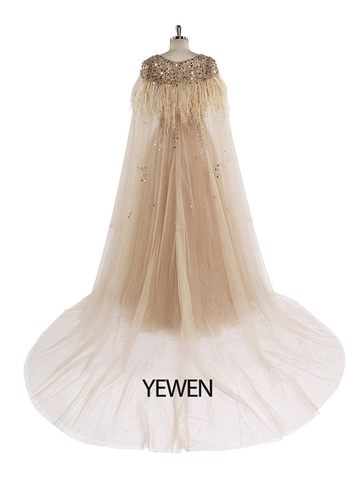 V-Ausschnitt Formelles Abendkleid Abnehmbarer Umhang Ärmellos Bodenlang Tüll mit Perlenbesatz Partykleid YEWEN 