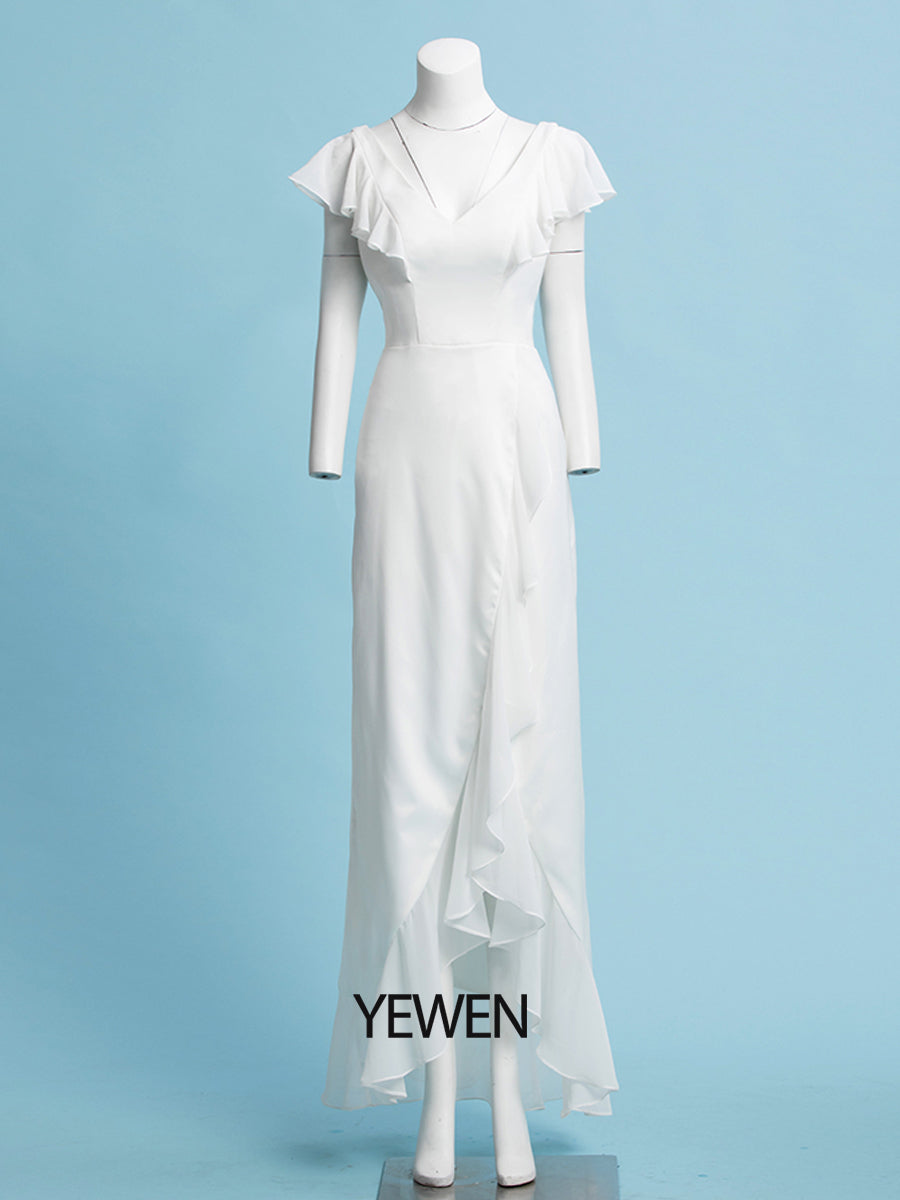 Etui-Linie/Säule Chiffon Ärmel V-Ausschnitt Brautkleid Bodenlang 