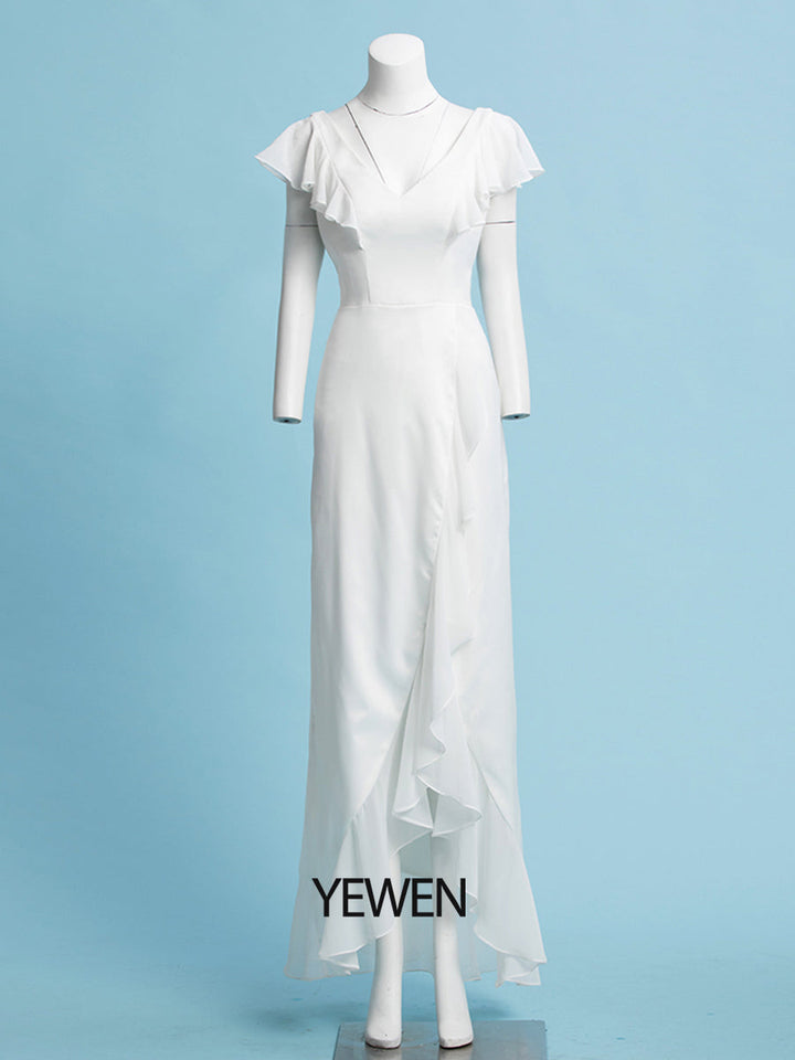 Etui-Linie/Säule Chiffon Ärmel V-Ausschnitt Brautkleid Bodenlang 