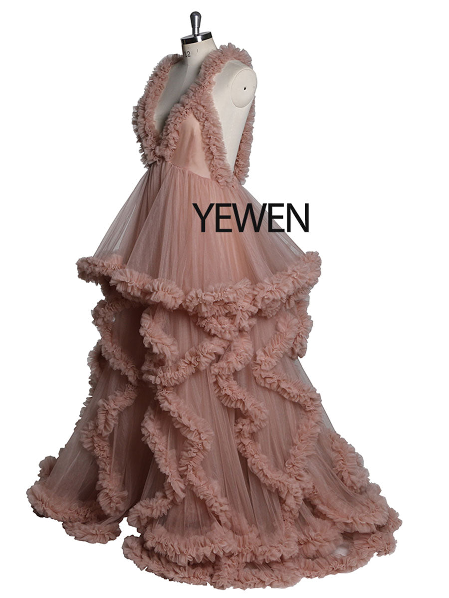Rüschen Tüllkleid Elegante ärmellose Umstandskleider für Fotoshooting