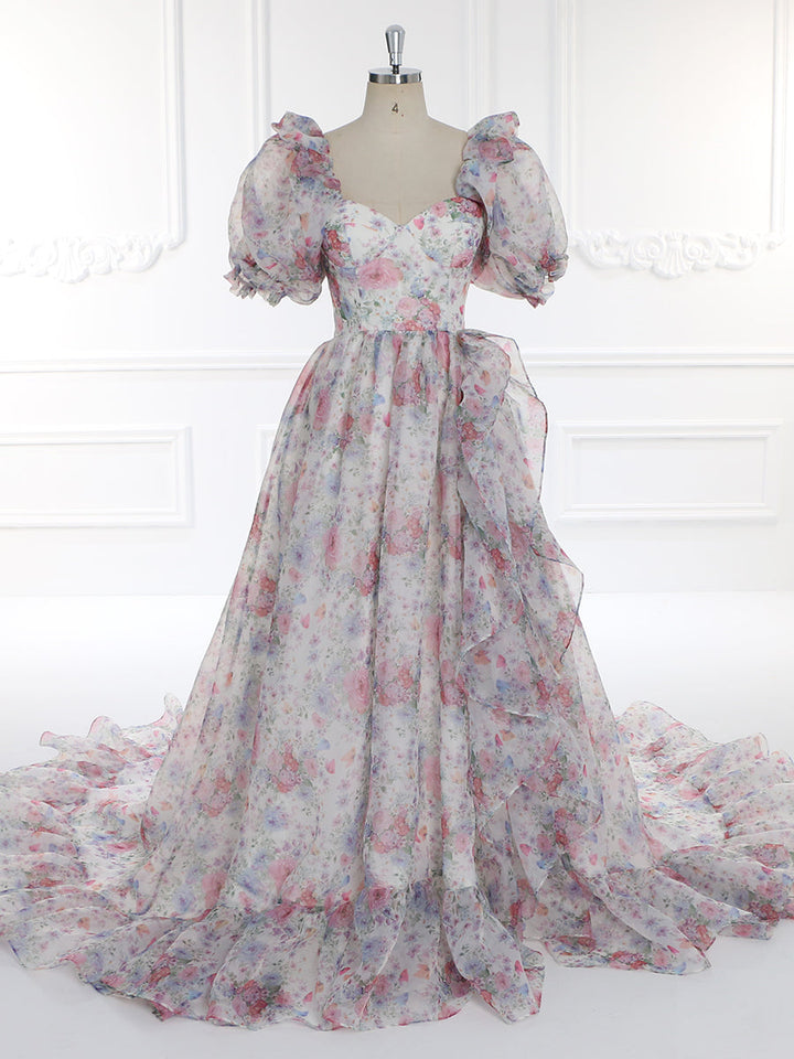 Print Floral Prom Dress Long Train Fancy Photo Shoots Gown Silk Soft Organza Maxi Dress YW231108