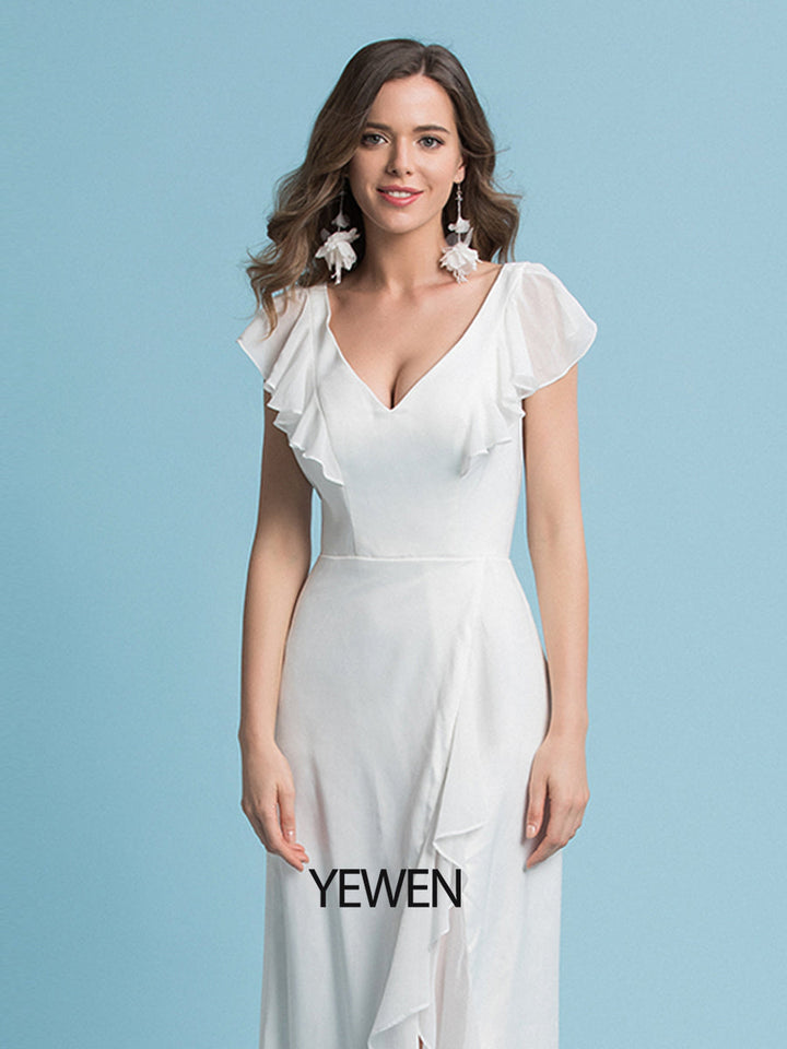 Etui-Linie/Säule Chiffon Ärmel V-Ausschnitt Brautkleid Bodenlang 
