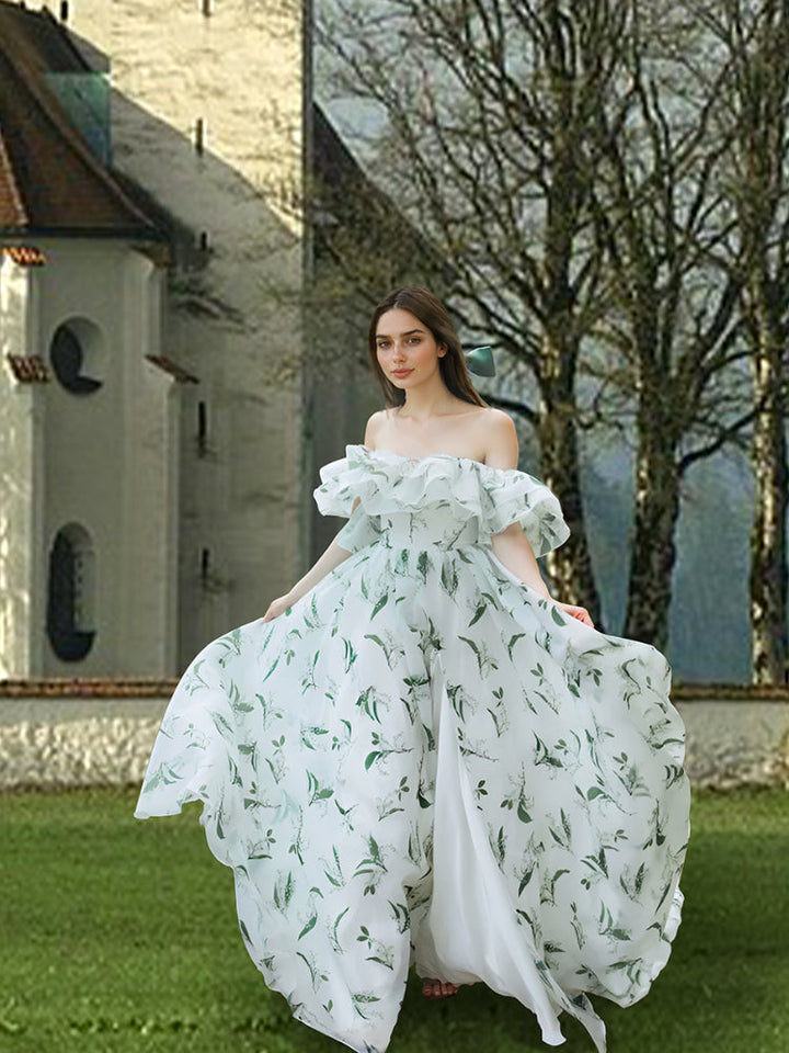 Schulterfreies Brautkleid mit Blumenmuster und Schlitz, langer Schleppe, ausgefallenes Kleid für Fotoshootings 
