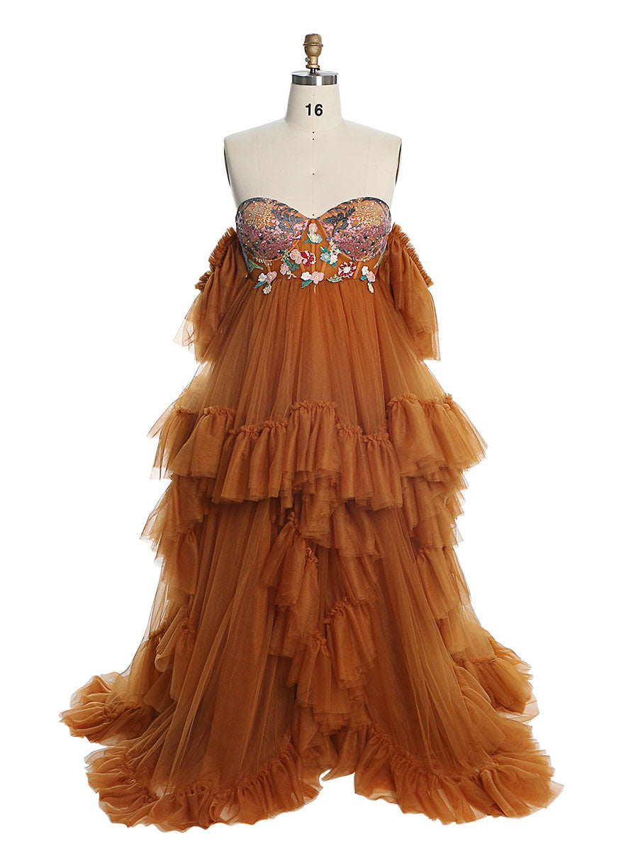 Tüll mit Stickerei Spitze Umstandskleid für Foto-Shooting Rüschen Maxi Frau Fotografie Kleid Outfit YW220628 