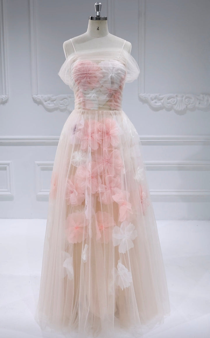 Strapless Corset Bodice, Handmade Floral Applique ,Prom Dress , Photo Shoot Gown
