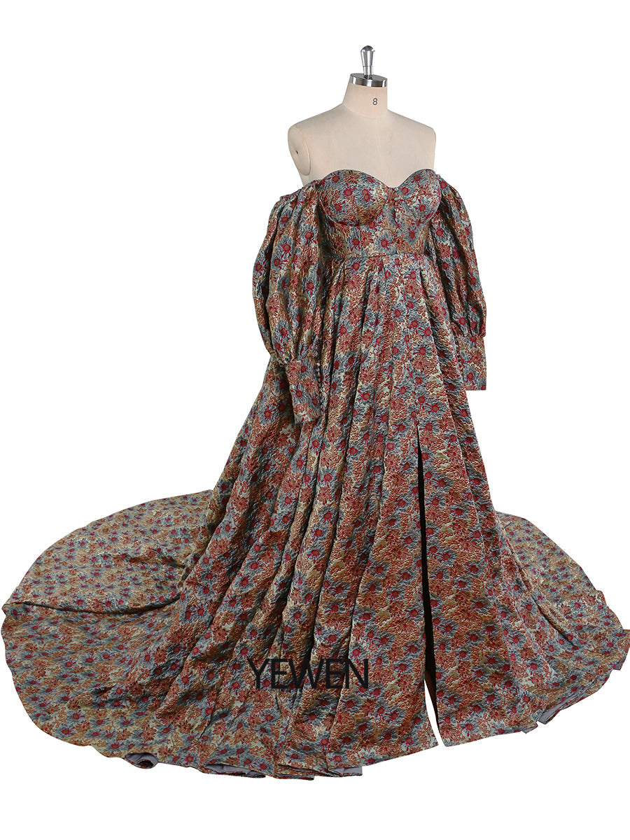 Hochwertiges elegantes Jacquard-Blumen-Abendkleid mit langen Ärmeln im Retro-Stil, Ballkleid für Fotoshootings, YEWEN YW221031 