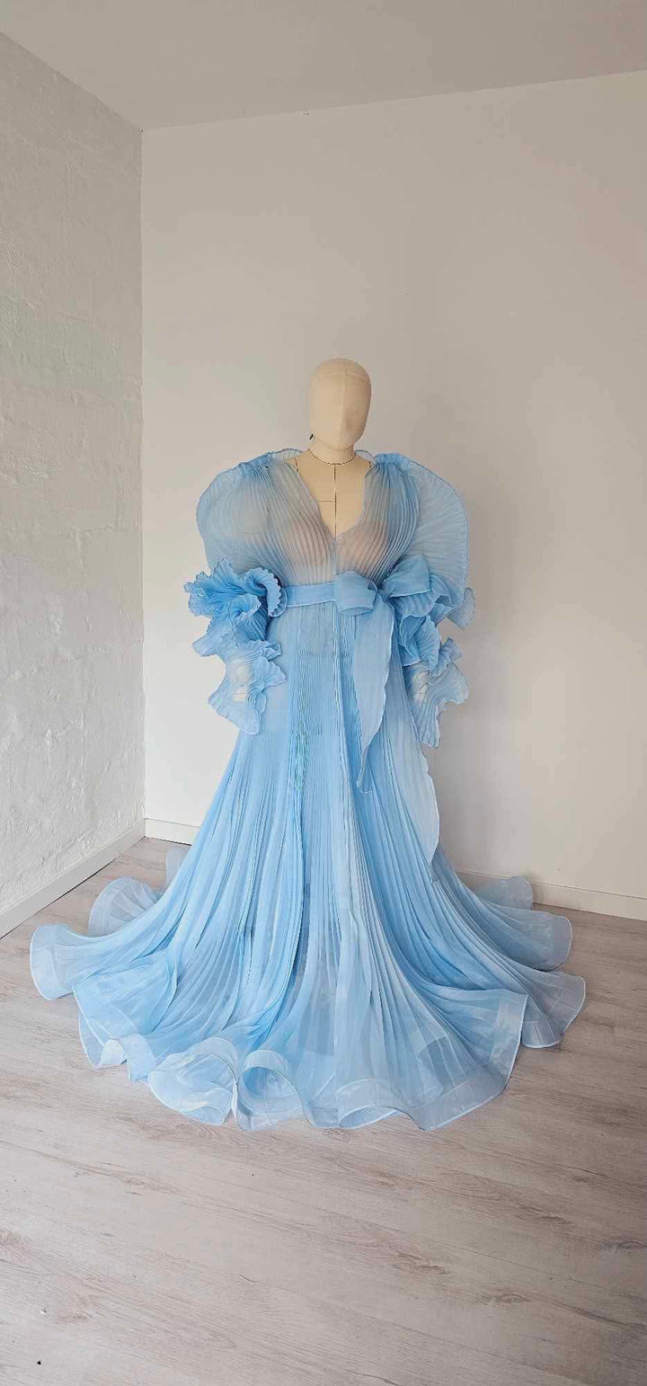 V-Ausschnitt, plissiertes Organza-Umstandskleid für Fotoshooting, großer Rock, transparentes Kleid für Schwangerschafts-Babyparty, YW250013 