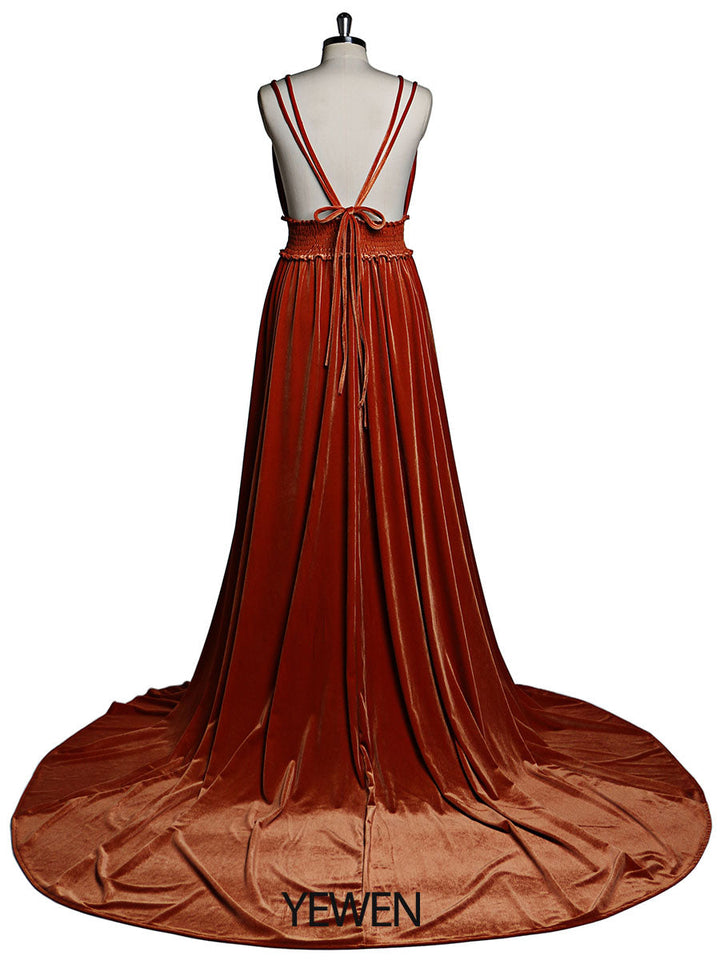 Samtkleid mit V-Ausschnitt, elastischer Taille und Seitenschlitz, langes Fotoshooting-Kleid YD21827 