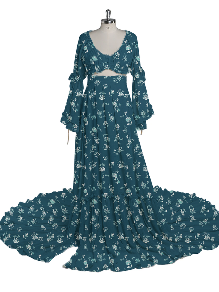2 Piece Set Boho Dress V Neck Printed Dresses Photography Baby Shower Dress for Pregnant Woman YD211008