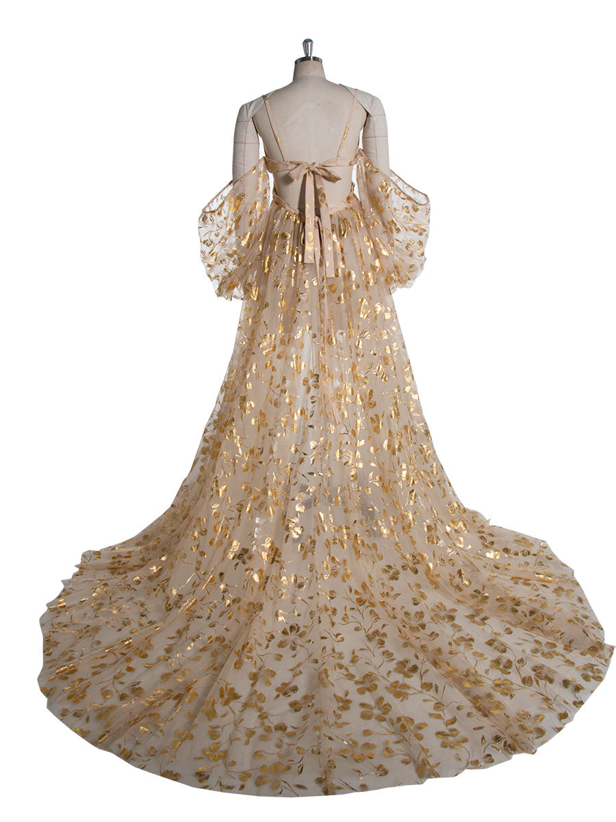Stunning Gold ,Tulle Dress with Long Train Maternity Shoot Pregnancy Dresses for Photo Shoots 