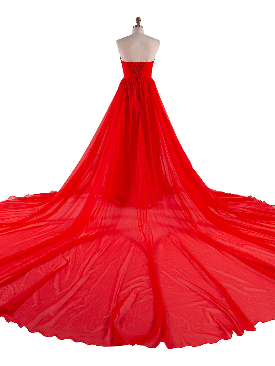 Rotes fliegendes Kleid für Fotoshooting, lange Schleppe, fließendes Seidenkleid aus weichem Organza, YW240111-1 