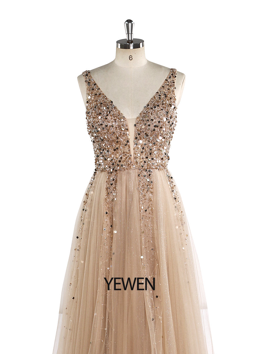 V-Ausschnitt Formelles Abendkleid Abnehmbarer Umhang Ärmellos Bodenlang Tüll mit Perlenbesatz Partykleid YEWEN 