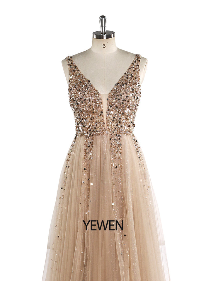 V-Ausschnitt Formelles Abendkleid Abnehmbarer Umhang Ärmellos Bodenlang Tüll mit Perlenbesatz Partykleid YEWEN 