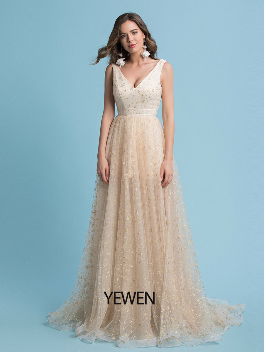 A-Linie Glitzerndes Abendkleid für Hochzeitsgäste, V-Ausschnitt, ärmellos, bodenlang, Tüll mit Sternen 