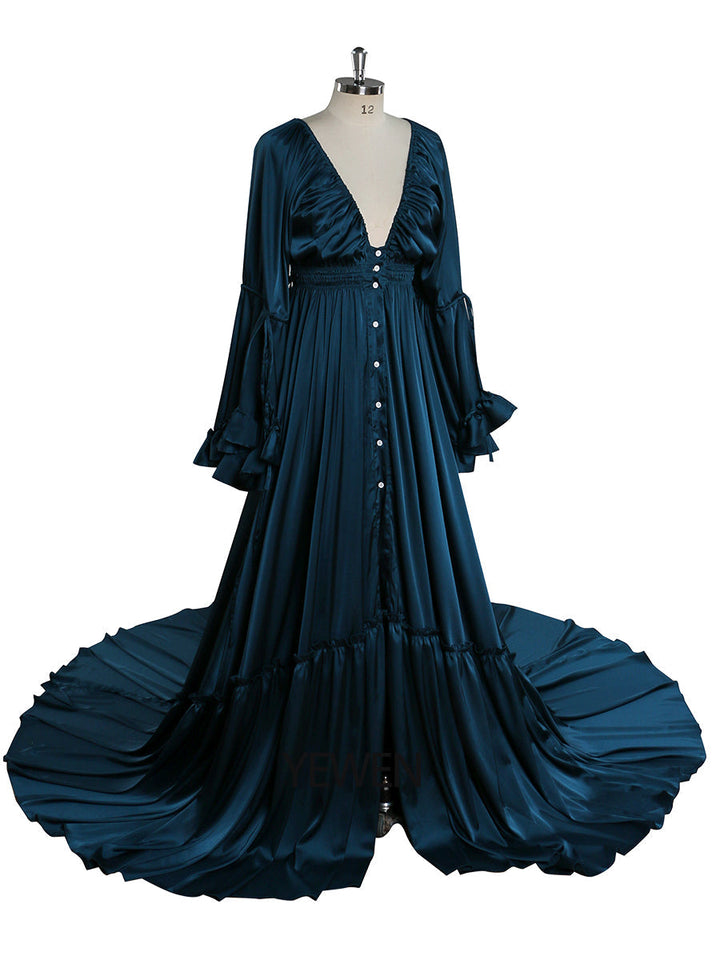 Seidenweiches Satin-Frauenkleid mit langen Ärmeln, Maxikleid, Fotografie-Shooting-Kleider YD211202 