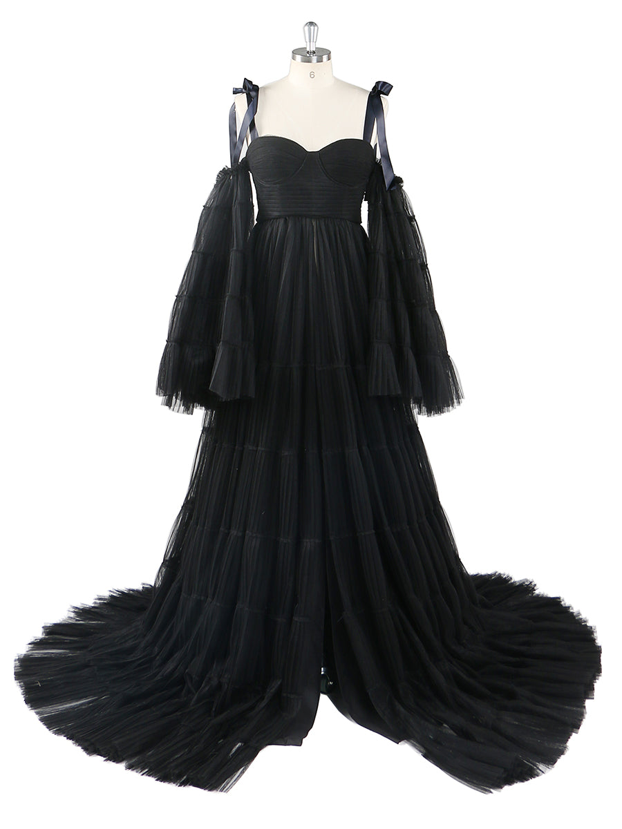 Plissiertes Umstandskleid aus Tüll für Fotoshootings, große ausgestellte Ärmel, Fotoshooting-Kleid für Damen, YW21025