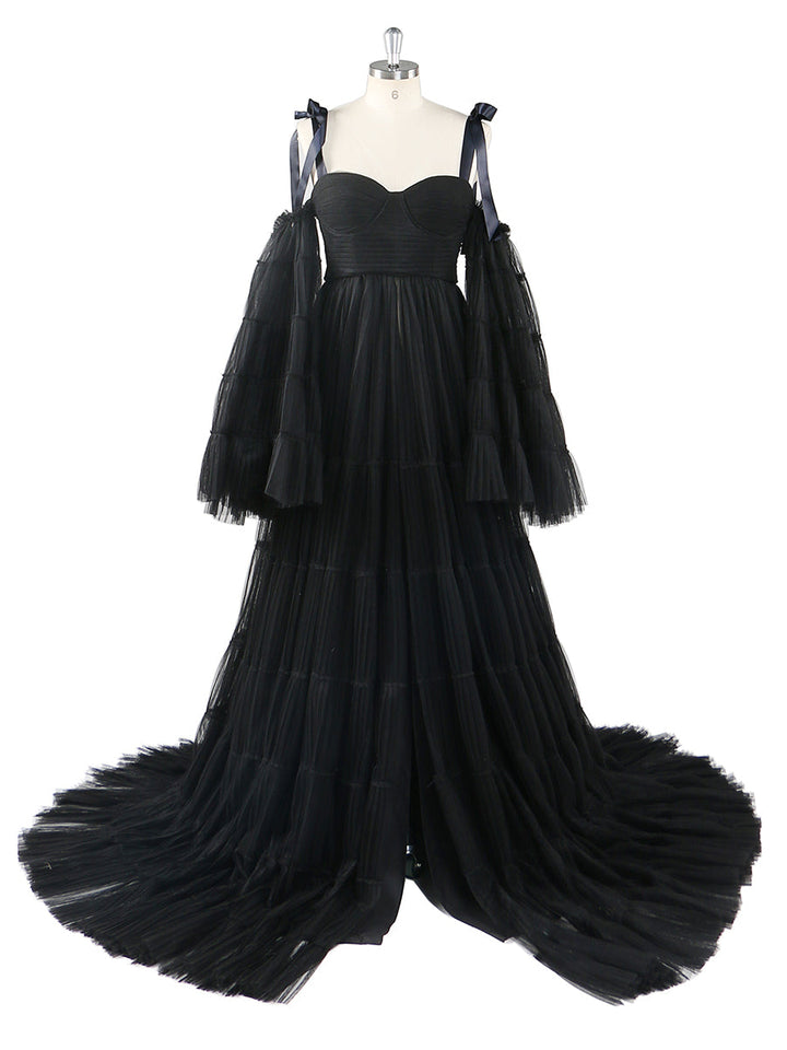 Plissiertes Umstandskleid aus Tüll für Fotoshootings, große ausgestellte Ärmel, Fotoshooting-Kleid für Damen, YW21025