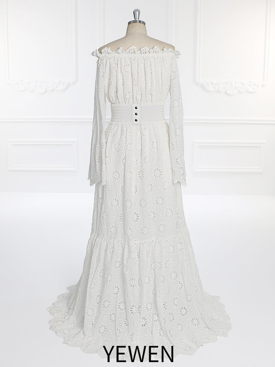 Off Shoulder Long Bell Sleeves Bohemian Wedding Dress Photo Shoot Dress YW231094