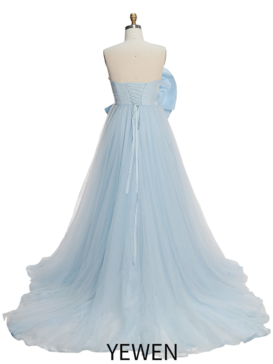 Blaues trägerloses Kleid mit großer Schleife, für Fotografie, Abschlussball, Party, Hochzeit, für Gäste, YEWEN 100059