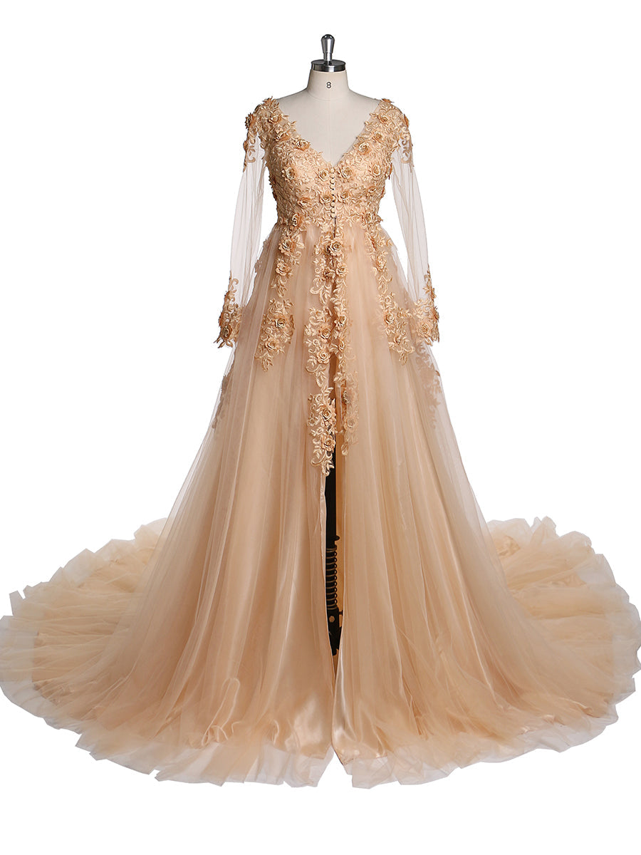 Elegante Abendkleider mit Tüllapplikationen und Spitze, V-Ausschnitt, halbe Ärmel, vorne offen, Oldrose, Strandstil, Partykleider, Robe de Soiree, YeWen