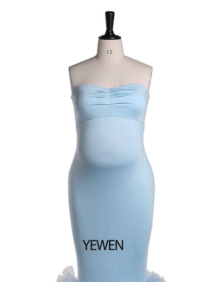 Trägerloses babyblaues Meerjungfrauen-Umstandskleid für Fotoshootings, Fotografie-Kleid für Babyparty YW21018 