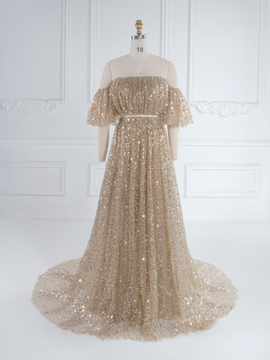 2-teiliges Set, goldene Pailletten mit Perlen, Boho-Umstandskleid für Fotoshooting, Schwangerschaftsfotografie, Babyparty-Kleid, YW243162 