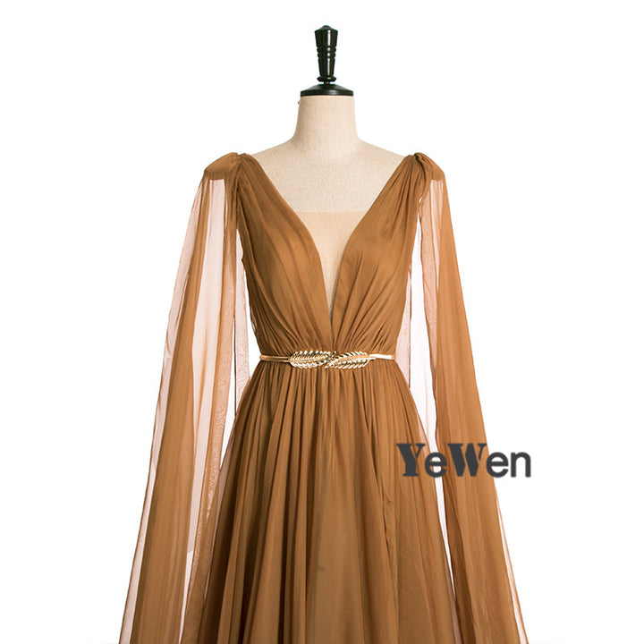 Chiffonkleid mit höherer Taille, V-Ausschnitt, Cape-Ärmel, elegantes Party-Maxikleid, Umstandskleid mit Schnürung