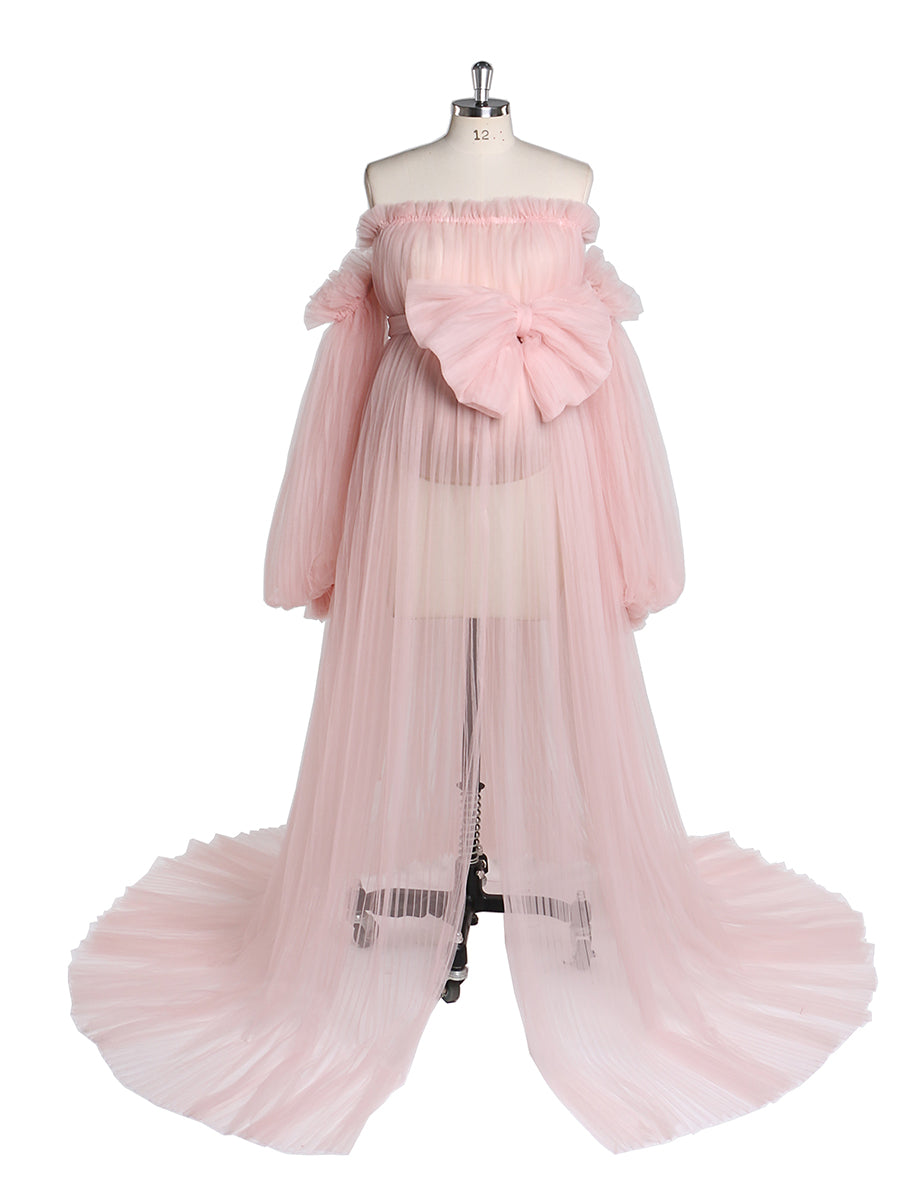 Sexy durchsichtiges Umstandskleid aus Tüll mit plissierten Puffärmeln für Fotoshootings/Babypartys YW221019 