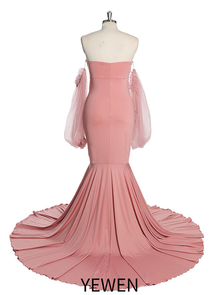 Tüll-Umstandskleid mit langen Ärmeln, dehnbarer Stoff, Meerjungfrau-Stil, für Fotoshootings, Umstandskleid, Brautjungfernkleid, YeWen YW21009 