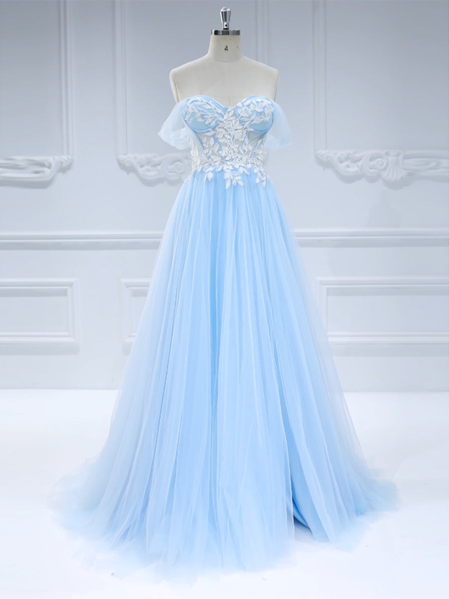 A-Line ,Blue Tulle Prom Dress, Side Leg Split,  Floor-Length, Photo Shoot Dress