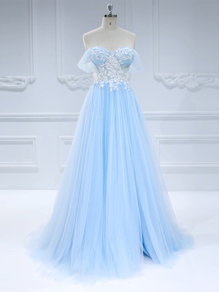 A-Line ,Blue Tulle Prom Dress, Side Leg Split,  Floor-Length, Photo Shoot Dress