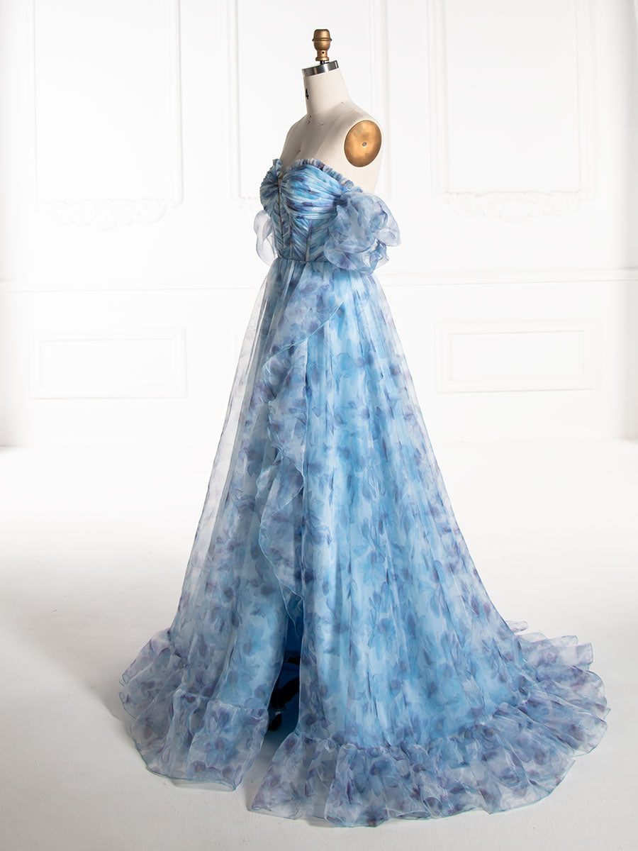 A-line, Off The Shoulder, Blue Floral Printed ,Prom Party Dress 