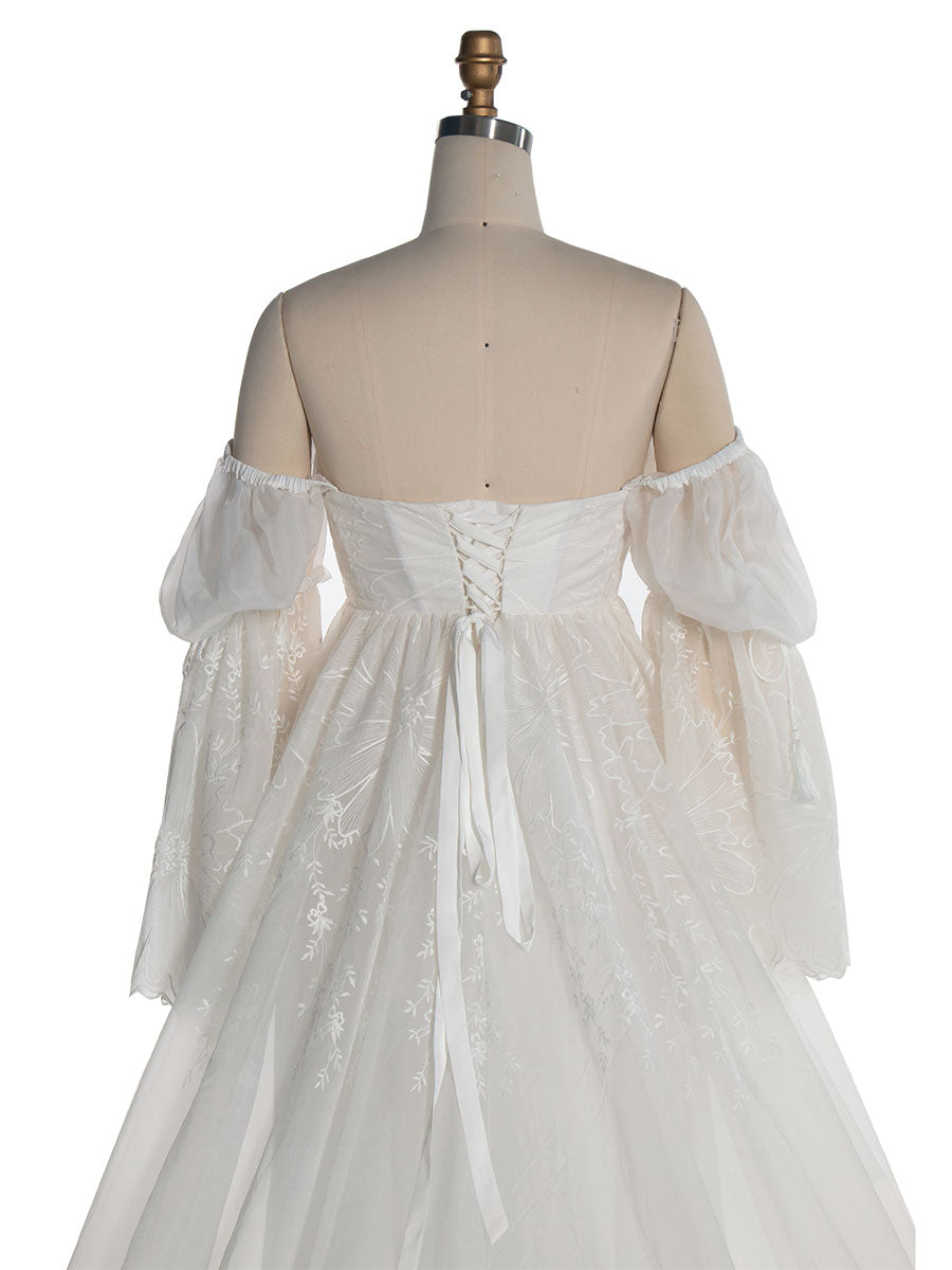 Elegantes schulterfreies Boho-Spitzenkleid für Fotoshootings, Umstandsbrautkleid YW240119 