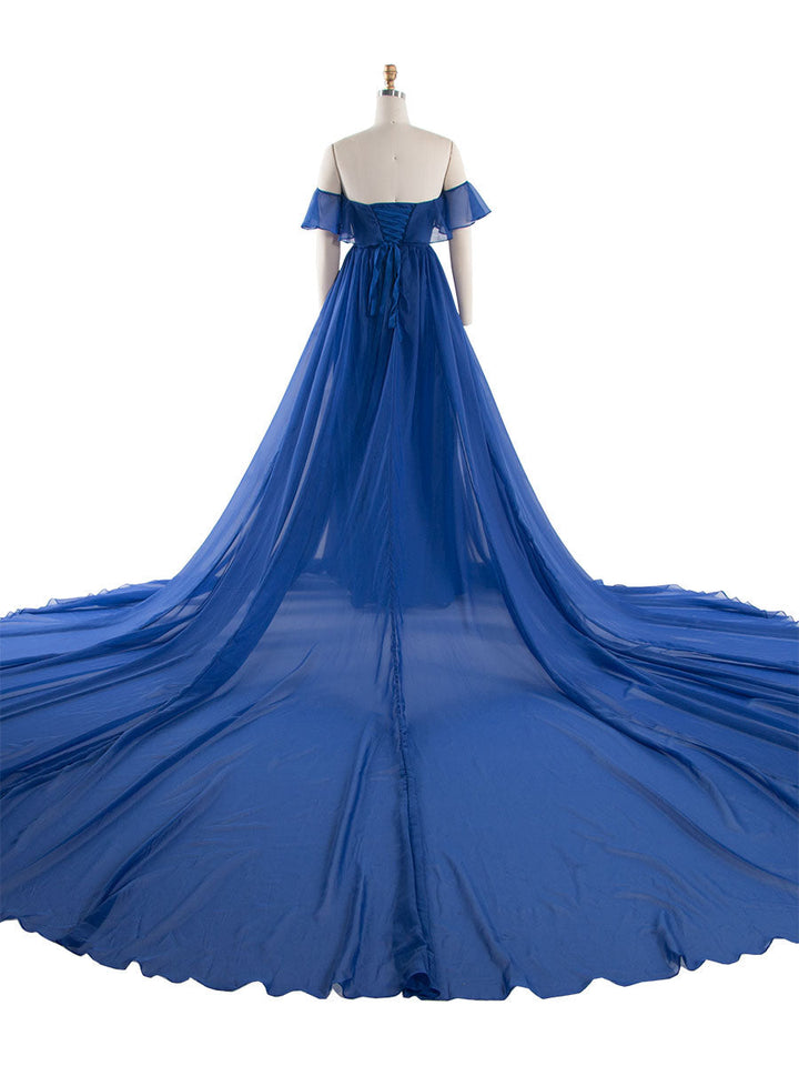Königsblaues fliegendes Kleid für Fotoshooting, lange Schleppe, weiche Seidenorganza, Fotokleid YW240114