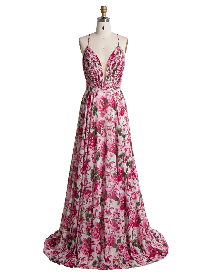A Line, V Neck ,Printed Prom Dresses, Floor Length